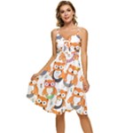 Cute Colorful Owl Cartoon Seamless Pattern Sleeveless Tie Front Chiffon Dress