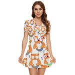 Cute Colorful Owl Cartoon Seamless Pattern V-Neck High Waist Chiffon Mini Dress