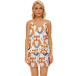 Cute Colorful Owl Cartoon Seamless Pattern V-Neck Satin Pajamas Set