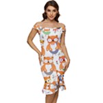 Cute Colorful Owl Cartoon Seamless Pattern Off Shoulder Ruffle Split Hem Bodycon Dress