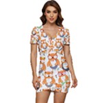 Cute Colorful Owl Cartoon Seamless Pattern Low Cut Cap Sleeve Mini Dress