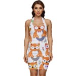 Cute Colorful Owl Cartoon Seamless Pattern Sleeveless Wide Square Neckline Ruched Bodycon Dress