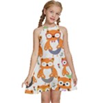 Cute Colorful Owl Cartoon Seamless Pattern Kids  Halter Collar Waist Tie Chiffon Dress