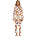 Cute Colorful Owl Cartoon Seamless Pattern Womens  Long Sleeve Lightweight Pajamas Set