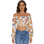 Cute Colorful Owl Cartoon Seamless Pattern Long Sleeve Crinkled Weave Crop Top