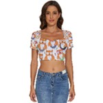 Cute Colorful Owl Cartoon Seamless Pattern Short Sleeve Square Neckline Crop Top 