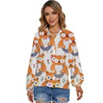 Cute Colorful Owl Cartoon Seamless Pattern Women s Long Sleeve Button Up Shirt