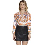 Cute Colorful Owl Cartoon Seamless Pattern Long Sleeve Tie Back Satin Wrap Top