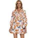 Cute Colorful Owl Cartoon Seamless Pattern V-Neck Placket Mini Dress