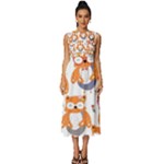 Cute Colorful Owl Cartoon Seamless Pattern Sleeveless Round Neck Midi Dress