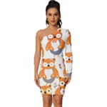 Cute Colorful Owl Cartoon Seamless Pattern Long Sleeve One Shoulder Mini Dress