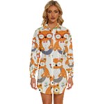 Cute Colorful Owl Cartoon Seamless Pattern Womens Long Sleeve Shirt Dress