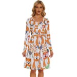 Cute Colorful Owl Cartoon Seamless Pattern Long Sleeve Dress With Pocket