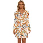 Cute Colorful Owl Cartoon Seamless Pattern Long Sleeve Waist Tie Ruffle Velvet Dress