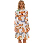 Cute Colorful Owl Cartoon Seamless Pattern Long Sleeve Shirt Collar A-Line Dress