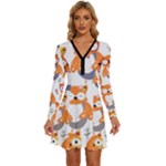 Cute Colorful Owl Cartoon Seamless Pattern Long Sleeve Deep V Mini Dress 