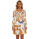 Cute Colorful Owl Cartoon Seamless Pattern Long Sleeve Wide Neck Velvet Dress