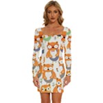 Cute Colorful Owl Cartoon Seamless Pattern Long Sleeve Square Neck Bodycon Velvet Dress