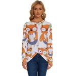 Cute Colorful Owl Cartoon Seamless Pattern Long Sleeve Crew Neck Pullover Top