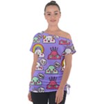 Cloud Seamless Pattern Off Shoulder Tie-Up T-Shirt