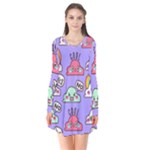Cloud Seamless Pattern Long Sleeve V-neck Flare Dress