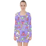Cloud Seamless Pattern V-neck Bodycon Long Sleeve Dress