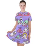 Cloud Seamless Pattern Short Sleeve Shoulder Cut Out Dress 