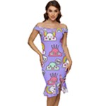 Cloud Seamless Pattern Off Shoulder Ruffle Split Hem Bodycon Dress