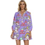 Cloud Seamless Pattern V-Neck Placket Mini Dress