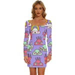 Cloud Seamless Pattern Long Sleeve Square Neck Bodycon Velvet Dress
