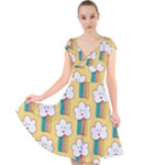 Smile Cloud Rainbow Pattern Yellow Cap Sleeve Front Wrap Midi Dress