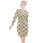 Smile Cloud Rainbow Pattern Yellow Button Long Sleeve Dress