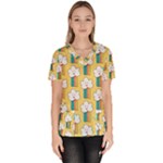 Smile Cloud Rainbow Pattern Yellow Women s V-Neck Scrub Top