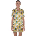 Smile Cloud Rainbow Pattern Yellow Satin Short Sleeve Pajamas Set