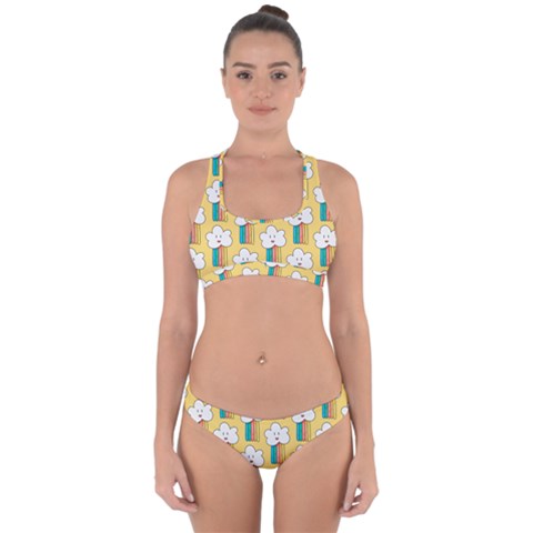 Smile Cloud Rainbow Pattern Yellow Cross Back Hipster Bikini Set from ArtsNow.com