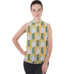 Smile Cloud Rainbow Pattern Yellow Mock Neck Chiffon Sleeveless Top