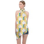 American Golden Ancient Totems Halter Asymmetric Satin Top