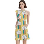 Smile Cloud Rainbow Pattern Yellow Cocktail Party Halter Sleeveless Dress With Pockets