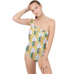 Smile Cloud Rainbow Pattern Yellow Frilly One Shoulder Swimsuit