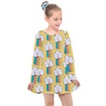 Smile Cloud Rainbow Pattern Yellow Kids  Long Sleeve Dress