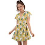 American Golden Ancient Totems Flutter Sleeve Wrap Dress
