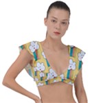 Smile Cloud Rainbow Pattern Yellow Plunge Frill Sleeve Bikini Top