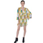 Smile Cloud Rainbow Pattern Yellow V-Neck Flare Sleeve Mini Dress