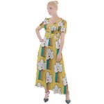 Smile Cloud Rainbow Pattern Yellow Button Up Short Sleeve Maxi Dress