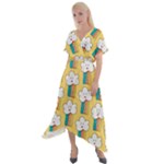 Smile Cloud Rainbow Pattern Yellow Cross Front Sharkbite Hem Maxi Dress