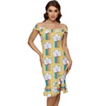 American Golden Ancient Totems Off Shoulder Ruffle Split Hem Bodycon Dress