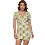 American Golden Ancient Totems Low Cut Cap Sleeve Mini Dress