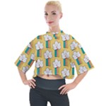 Smile Cloud Rainbow Pattern Yellow Mock Neck T-Shirt