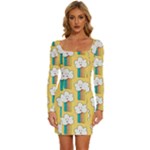 American Golden Ancient Totems Long Sleeve Square Neck Bodycon Velvet Dress