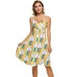 Smile Cloud Rainbow Pattern Yellow Sleeveless Tie Front Chiffon Dress